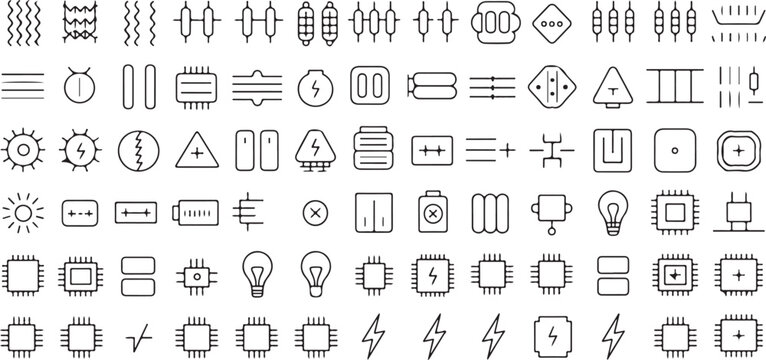 Energy power icon set showcasing electrical circuit diagrams and battery cells for modern sustainable technological system plans.