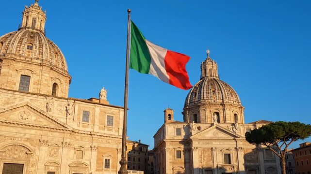 Italian flag waving in front of the basilica of santandrea della valle in rome