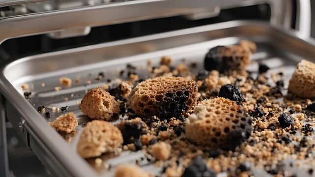 Close up of burnt crumbs and debris on a toaster tray.