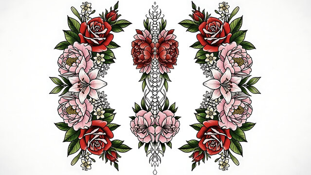 Detailed floral tattoo with roses and intricate lacework isolated on a transparent background, detailed tattoo floral patterns