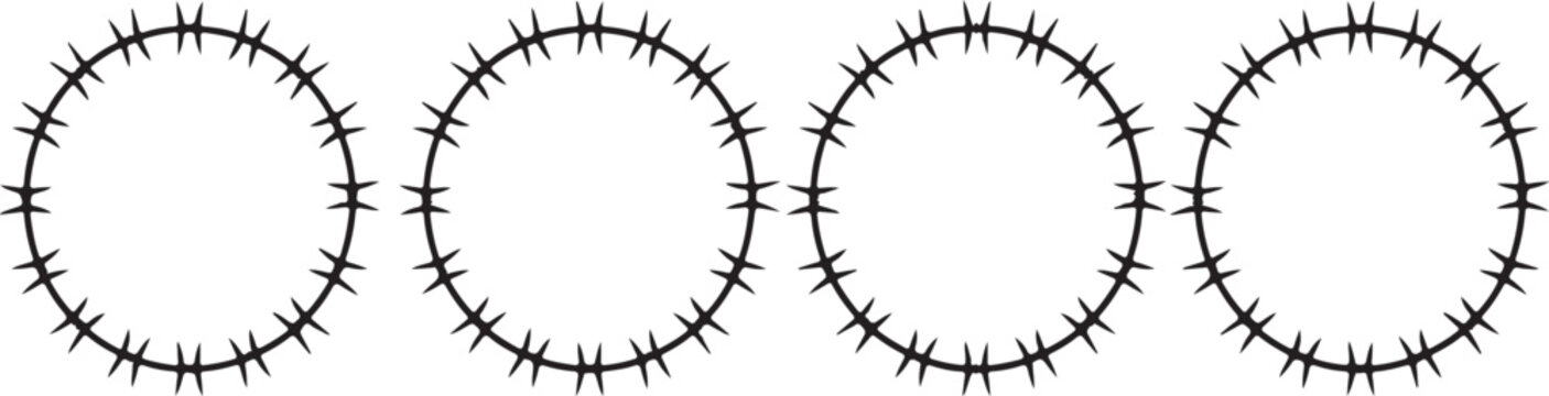 Circular border frames with spiked edges resembling barbed wire elements for creative layout framing on transparent surface.