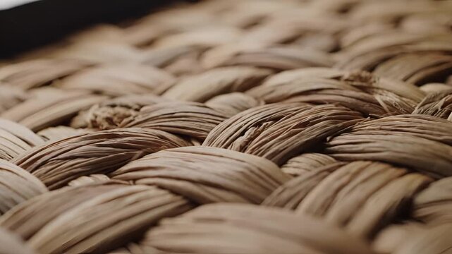 Closeup macro shot of woven natural fiber texture showing intricate patterns and earthy tones.