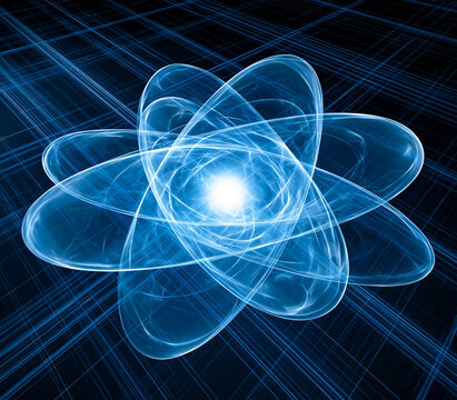 Abstract Atom Model: A stylized, glowing blue atom model with elliptical electron orbits and a radiant nucleus, set against a dark, grid-like background.