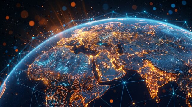 Digital vortex swirling in futuristic cyber space with neon data streams and glowing particles