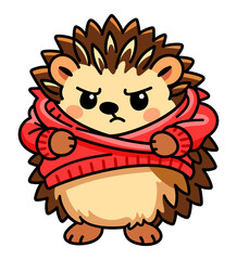 Fototapeta premium Funny cartoon hedgehog struggling to put on a sweater