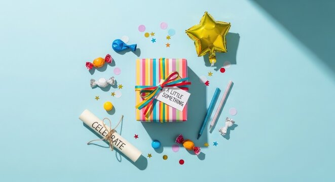 Festive gift arrangement with star balloon and confetti overhead flat lay composition