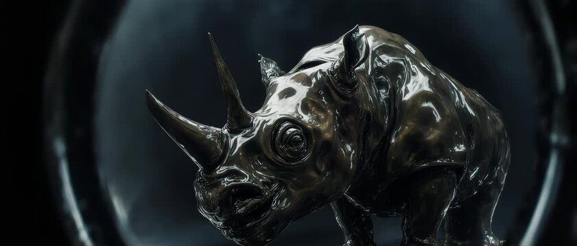 Powerful abstract rhinoceros formed by heavy slow-moving liquid lead and bronze fluid