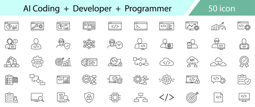 Set of fifty ai coding developer and programmer icons set on transparent background for ai coding developer programmer themes