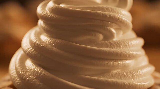Closeup of creamy soft serve ice cream being dispensed.