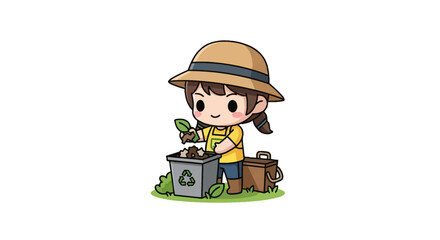 Obraz premium Chibi style vector illustration of a young girl in a sun hat and apron composting organic waste into a gray bin with a recycling symbol, isolated on a white background.
