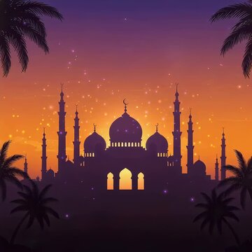 Silhouette of mosque at sunset for Ramadan greeting card. Islamic holiday background with glowing stars and palm tree. Religion celebration concept during dusk.