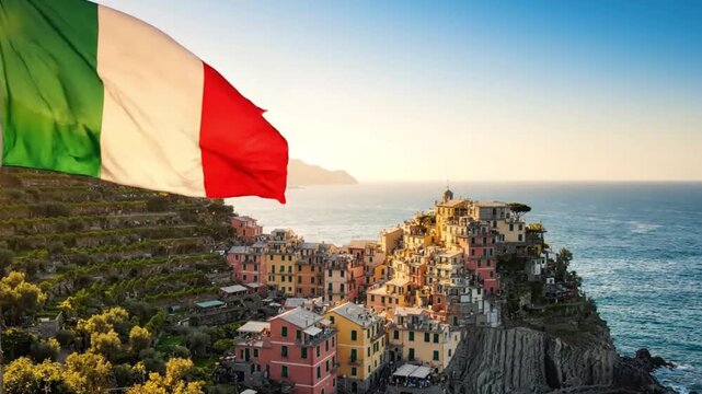 Italian flag waving over the colorful cliffside village of manarola in cinque terre, italy