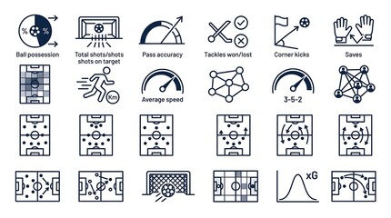 Fototapeta premium Soccer and football statistics icons set including ball possession, total shots, pass accuracy, tackles, corner kicks, saves, average speed.