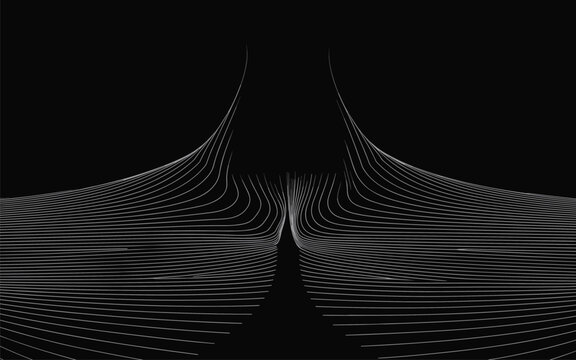 Elegant white lines create a symmetrical abstract human silhouette on black background, conveying a sense of digital flow.