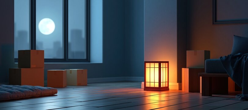 Minimal apartment interior at night with moonlit windows, moving boxes, floor mattress, and warm lam
