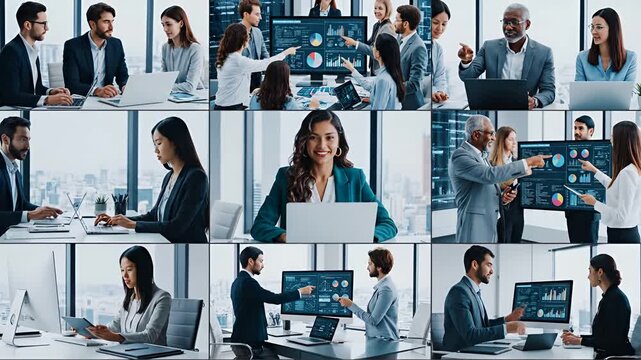 Diverse professionals collaborate in a modern office during a virtual meeting.