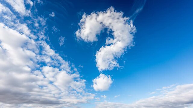 Conceptual video of a question mark formed by a cloud. Symbol of doubt, uncertainty, mystery, and searching for answers in a vast sky