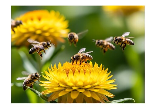 Honey bees flying around a vibrant yellow strawflower in a sunny garden