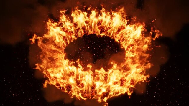 Fiery Ring of Flames Exploding in Darkness.