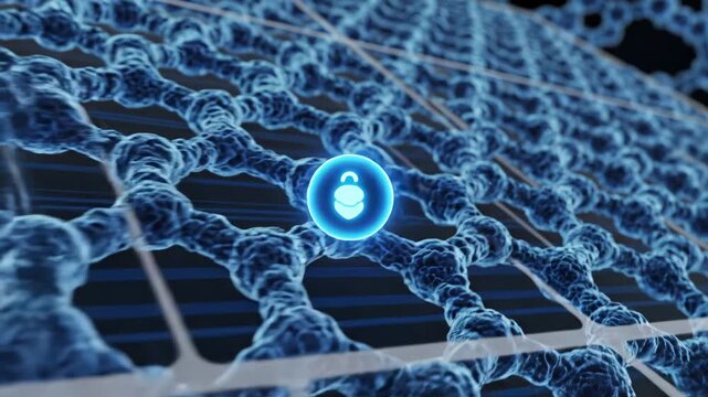 Blue molecular structure with glowing sphere emphasizing network speed and cloud computing
