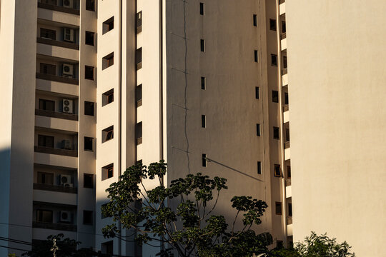 Residential tower grid meets central wall and tree canopy in warm light