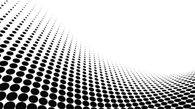 Elegant black halftone dot wave pattern flows with dynamic perspective across a bright white space for a modern aesthetic.