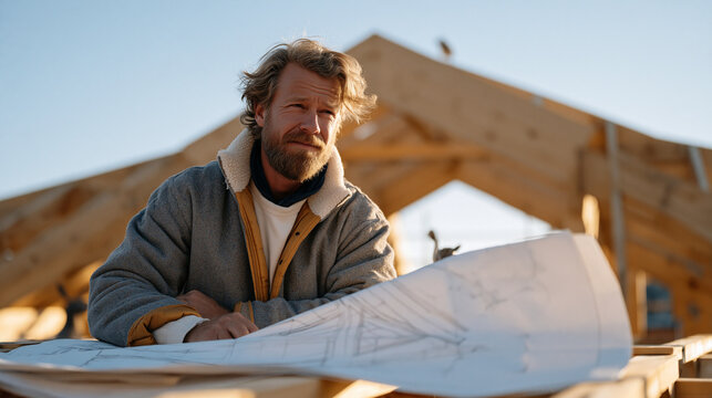 architect unrolling a structural drawing across a timber roof truss at height, site visit mid-build, golden hour shining through open gable end, residential construction documentation review, engine