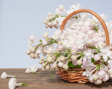 A branch of pinkish-white double lilac in a small wicker basket on a blue background.