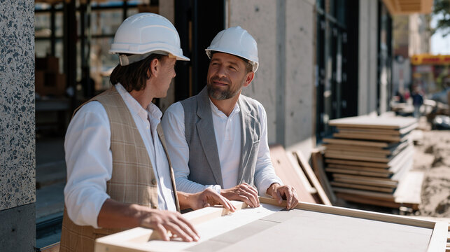 architect pair reviewing a facade material board outside a curtain wall installation in progress, cladding panels stacked nearby, site consultation material approval, commercial architecture profess