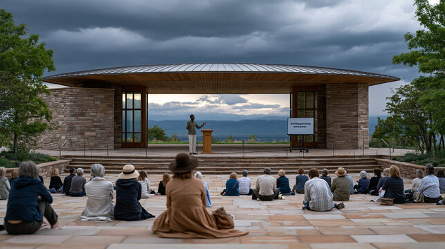 Wide establishing view of an outdoor summer amphitheater half-filled with adults attending a free community lecture on grief, overcast sky pressing low over the audience, a speaker at the podium ges