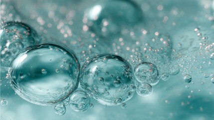 Fototapeta premium Close-Up of Sparkling Aqua Bubbles and Foam on Glass Surface with a Dreamy Aqua Tone