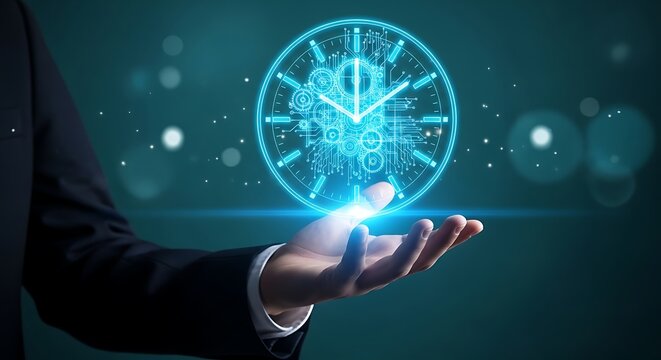A businessman in a suit holding a glowing blue digital clock with internal gears against a dark background, for time management, and technology