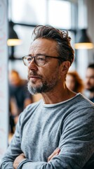 Fototapeta premium Medium shot of a thoughtful business owner explaining growth strategies on a whiteboard the surrounding open office and team are softly blurred illuminated by warm natural