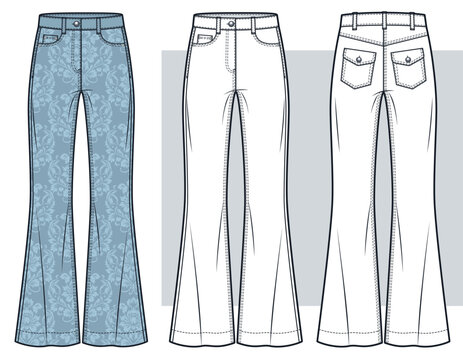 Women Floral Denim Wide Leg Jeans Fashion Flat Technical Drawing Template Featuring Five Pocket Design and Front Back Views