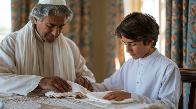Pakistani father teaching his teenage son to properly set the iftar table for the first time alone, showing him how to fold cloth napkins and position the prayer mat, modest home dining room with pa