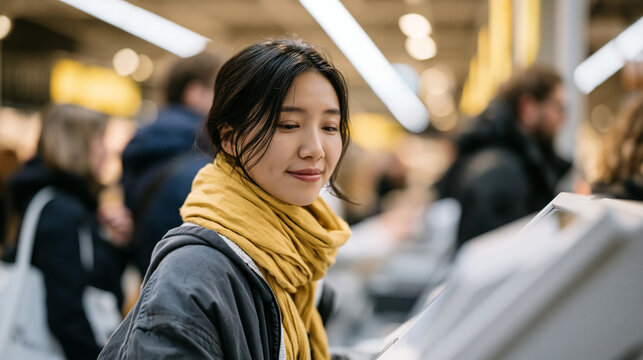 Newcomer from rural Vietnam navigating self-checkout machine in European supermarket for first time, surrounding shoppers moving past efficiently, cultural unfamiliarity with automated commerce visi