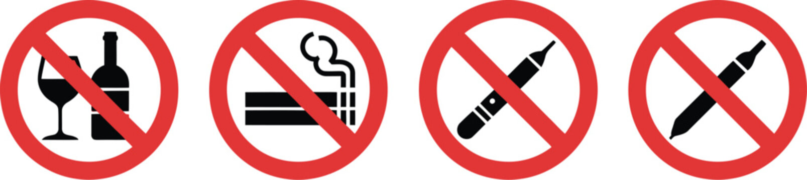 No smoking, vaping drinking sign set, prohibition symbols for alcohol cigarette and electronic cigarette in hospitals public places and safety areas.