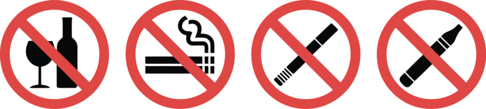 No smoking, and alcohol icons, warning prohibition signs for vaping drinking cigarettes and public safety regulations in modern vector design.