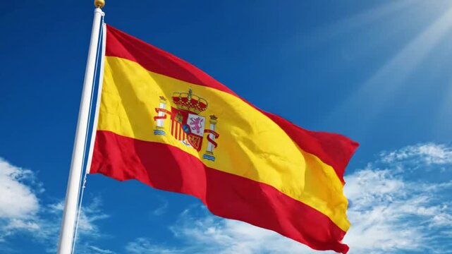 National flag of spain waving against a bright blue sky
