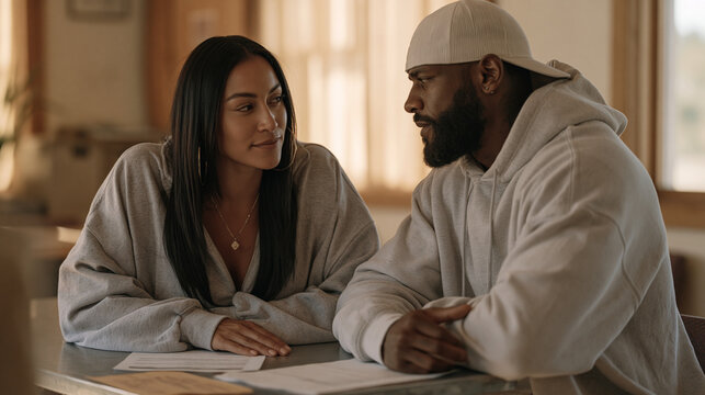 Female probation officer and her male client sit across from each other at a metal table in a county resource office, papers spread between them, the second chance life moment made institutional and