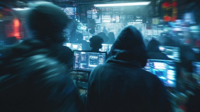 Mysterious Figures in a Crowded Internet Cafe Surrounded by Glowing Computer Screens