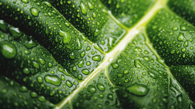Macro view of a lush green leaf covered in sparkling water droplets. The fresh dew highlights the intricate texture and veins of the plant