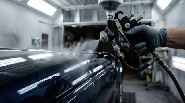 Car painter using spray paint gun on vehicle body in workshop. Professional automotive repair and industrial coating process. Maintenance work in car service station, vehicle restoration.