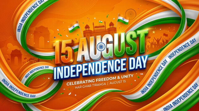 Dynamic Indian Independence Day celebration banner with flowing tricolor ribbons and patriotic heritage theme