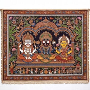"Sacred Trinity &mdash; Lord Jagannath, Balabhadra & Subhadra in Traditional Pattachitra Art"
