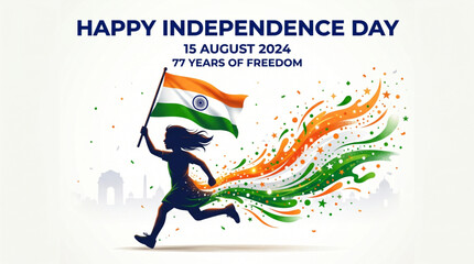 Fototapeta premium Patriotic young woman running with Indian flag and tricolor energy splash celebrating Independence Day pride