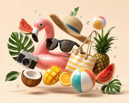 A vibrant and playful 3D rendered composition (image_0.png) featuring various summer vacation items floating against a soft beige background. Centered around a pink inflatable flamingo and a pair 