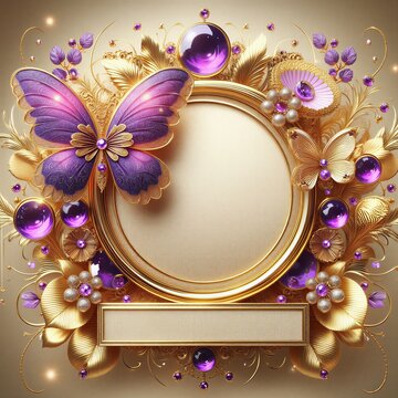 Elegant purple butterfly frame with floral decorations and gems  
