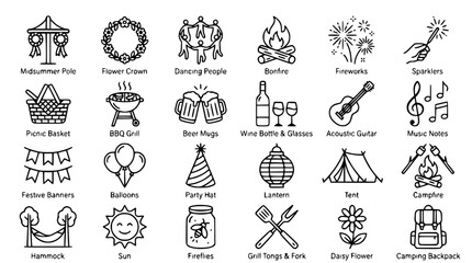 Obraz premium Summer Outdoor Activities & Celebration Icons Set: Picnic, BBQ, Camping, Fireworks, Music & Fun