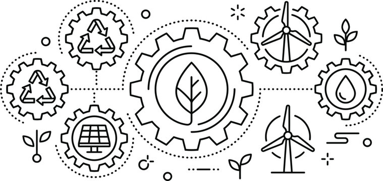 Green eco technology vector icon banner with recycle solar wind and water power gears